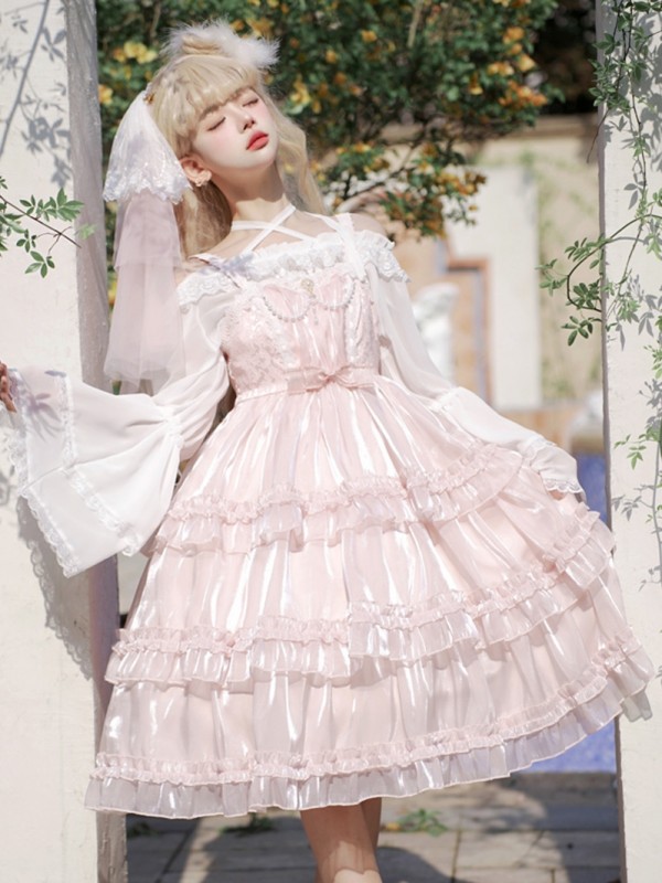 Pink Sweet Lolita Skirt JSK Elegant Puffy Skirt Apricot Lolita Suspender Dress Pink Sweet Lolita Skirt JSK Elegant Puffy Skirt Apricot Lolita Suspender Dress
