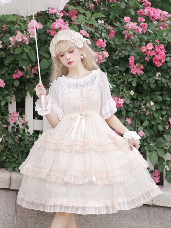 Sweet Lolita Skirt JSK Elegant Puffy Skirt Apricot Lolita Suspender Dress Sweet Lolita Skirt JSK Elegant Puffy Skirt Apricot Lolita Suspender Dress