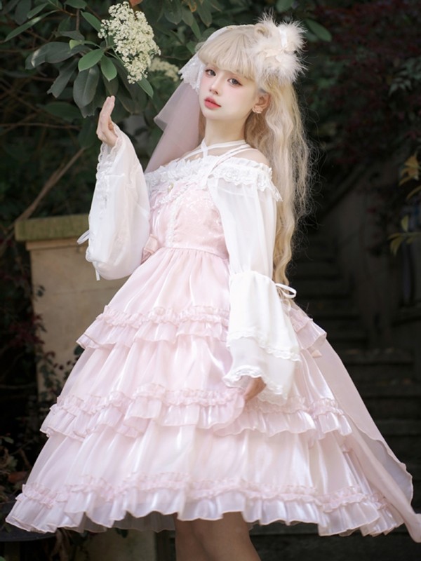 Pink Sweet Lolita Skirt JSK Elegant Puffy Skirt Apricot Lolita Suspender Dress Pink Sweet Lolita Skirt JSK Elegant Puffy Skirt Apricot Lolita Suspender Dress