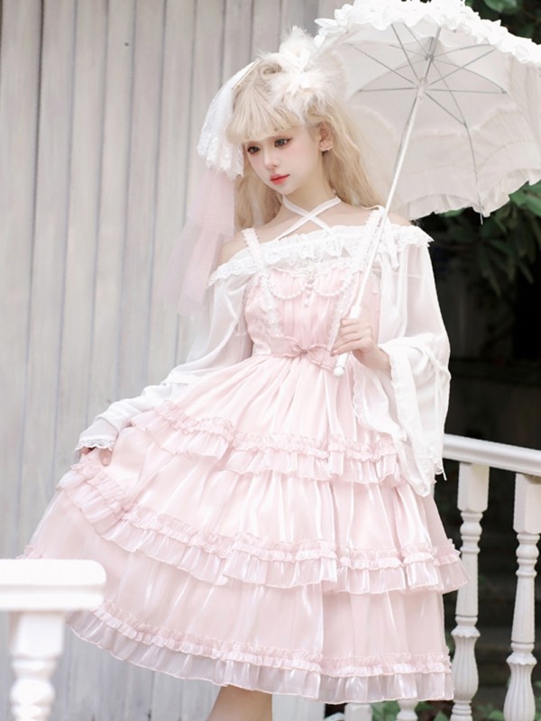 Pink Sweet Lolita Skirt JSK Elegant Puffy Skirt Apricot Lolita Suspender Dress Pink Sweet Lolita Skirt JSK Elegant Puffy Skirt Apricot Lolita Suspender Dress