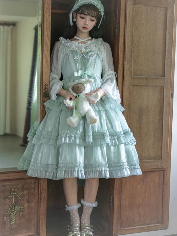 Green Sweet Lolita Skirt JSK Elegant Puffy Skirt Apricot Lolita Suspender Dress Green Sweet Lolita Skirt JSK Elegant Puffy Skirt Apricot Lolita Suspender Dress