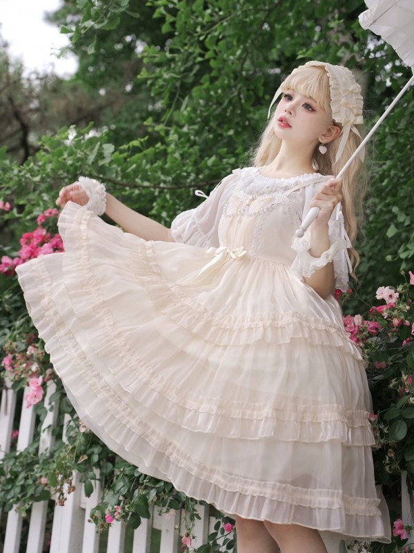 Sweet Lolita Skirt JSK Elegant Puffy Skirt Apricot Lolita Suspender Dress Sweet Lolita Skirt JSK Elegant Puffy Skirt Apricot Lolita Suspender Dress