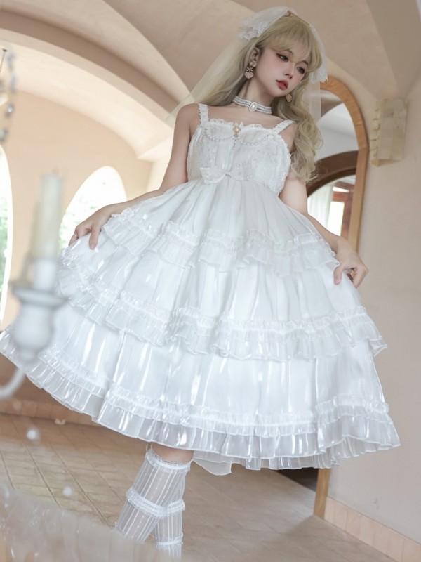 White Sweet Lolita Skirt JSK Elegant Puffy Skirt Apricot Lolita Suspender Dress White Sweet Lolita Skirt JSK Elegant Puffy Skirt Apricot Lolita Suspender Dress