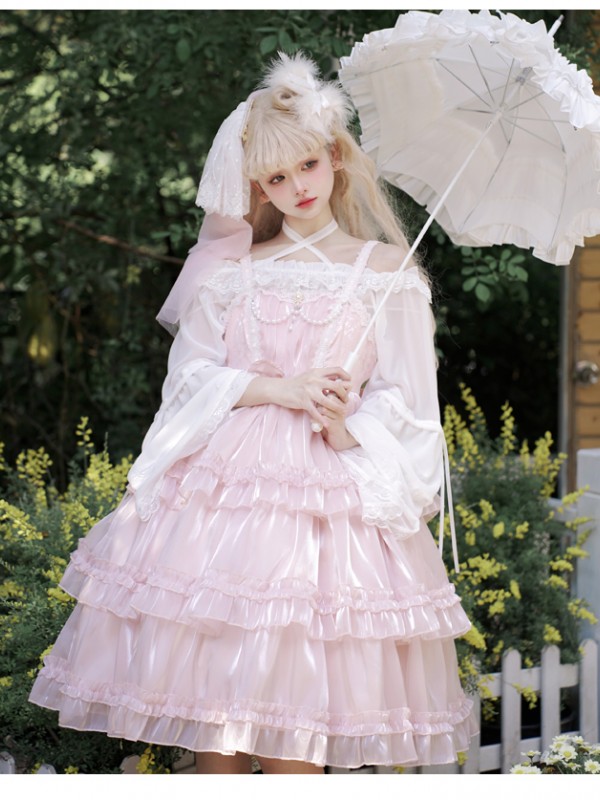 Pink Sweet Lolita Skirt JSK Elegant Puffy Skirt Apricot Lolita Suspender Dress Pink Sweet Lolita Skirt JSK Elegant Puffy Skirt Apricot Lolita Suspender Dress