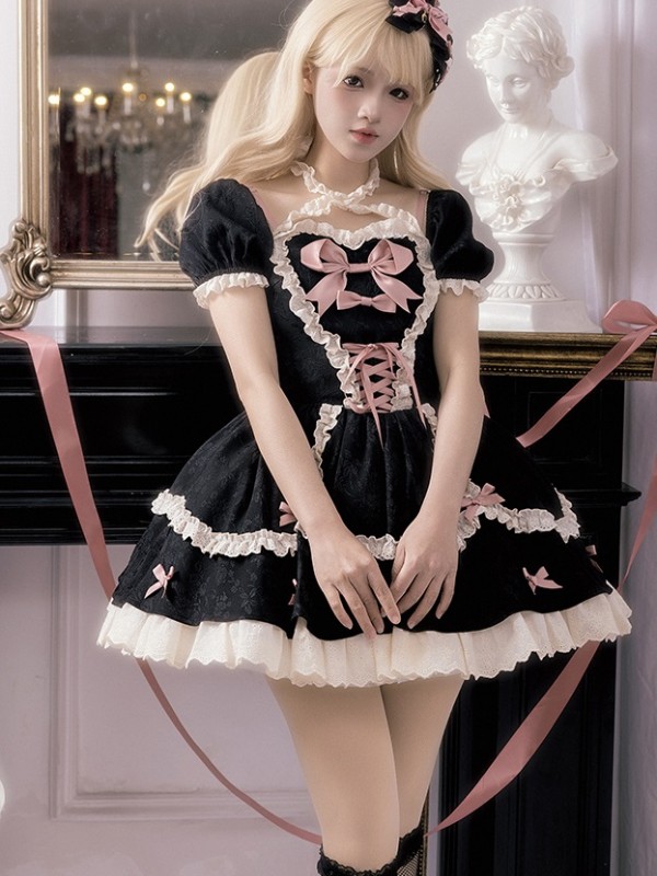 Black and Pink Sweet Short OP Lace Bow Lolita Dress Black and Pink Sweet Short OP Lace Bow Lolita Dress