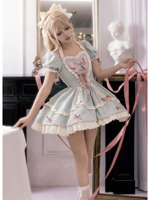 Green and Pink Sweet Short OP Lace Bow Lolita Dress