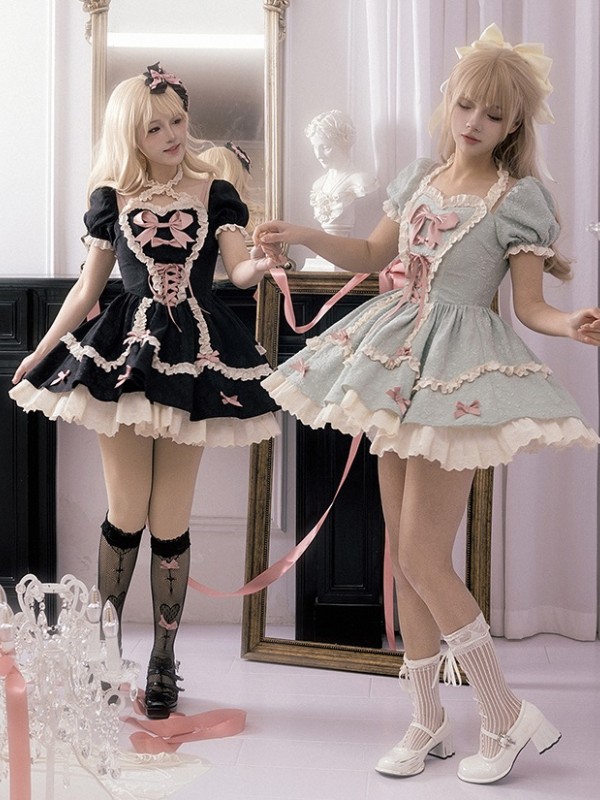 Black and Pink Sweet Short OP Lace Bow Lolita Dress Black and Pink Sweet Short OP Lace Bow Lolita Dress