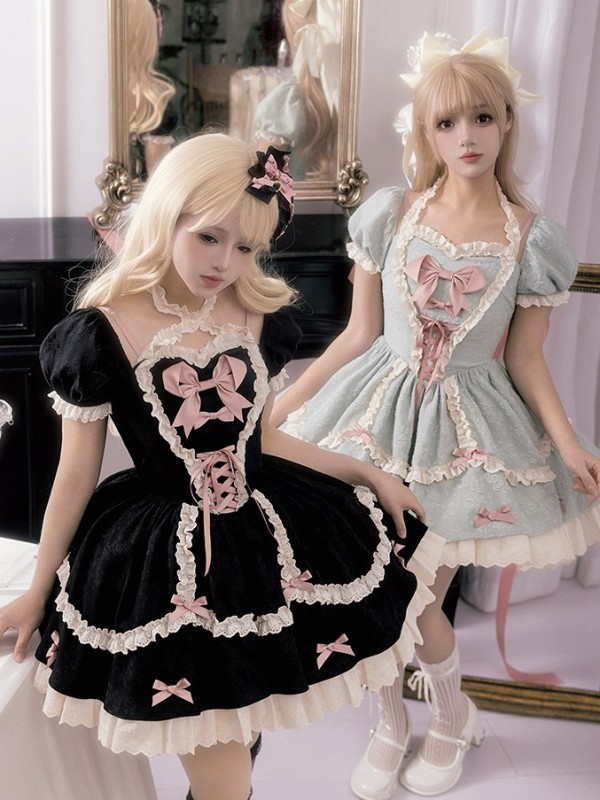 Black and Pink Sweet Short OP Lace Bow Lolita Dress Black and Pink Sweet Short OP Lace Bow Lolita Dress
