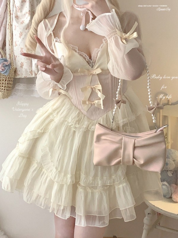 Sweet Lolita Bow Jacquard Retro Suspender Puffy Dress Sweet Lolita Bow Jacquard Retro Suspender Puffy Dress
