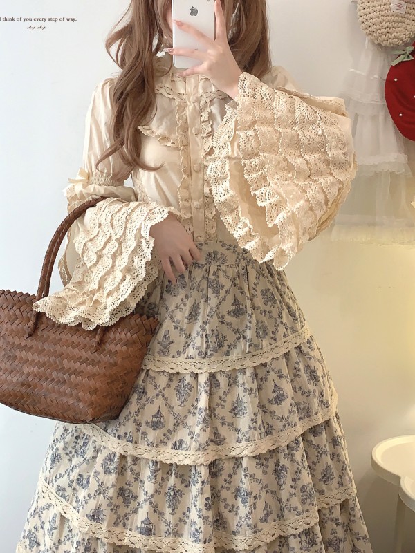 Vintage Cotton Sleeve Layered Ruffle Lace Blouse Vintage Cotton Sleeve Layered Ruffle Lace Blouse