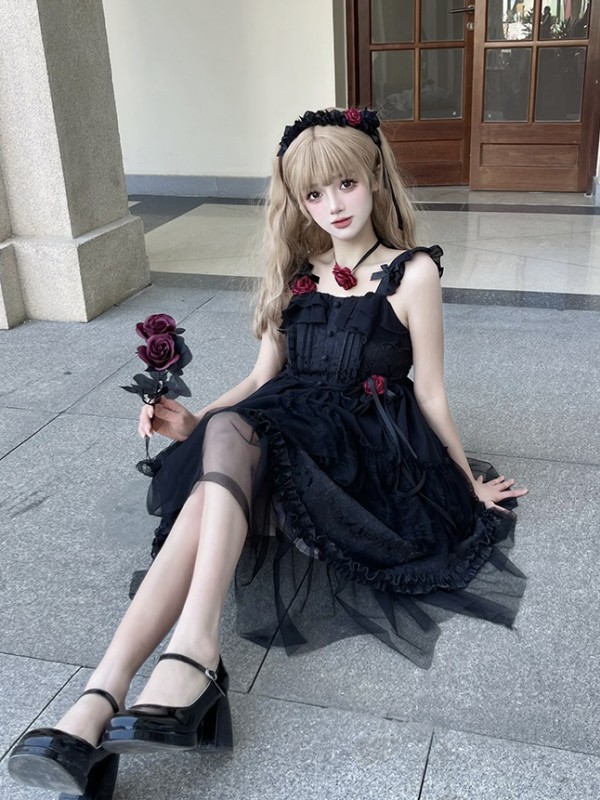 Black Sweet Gothic Jacquard Rose JSK Suspender Dress Black Sweet Gothic Jacquard Rose JSK Suspender Dress