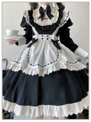 Long Sleeve Sweet Black Maid Lolita Skirt Cute OP Skirt Dress