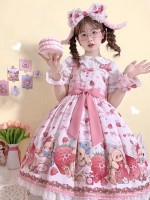 Lolita Pink Sweet Cute Strawberry Print JSK Suspender Dress Lolita Pink Sweet Cute Strawberry Print JSK Suspender Dress