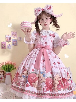 Lolita Pink Sweet Cute Strawberry Print JSK Suspender Dress