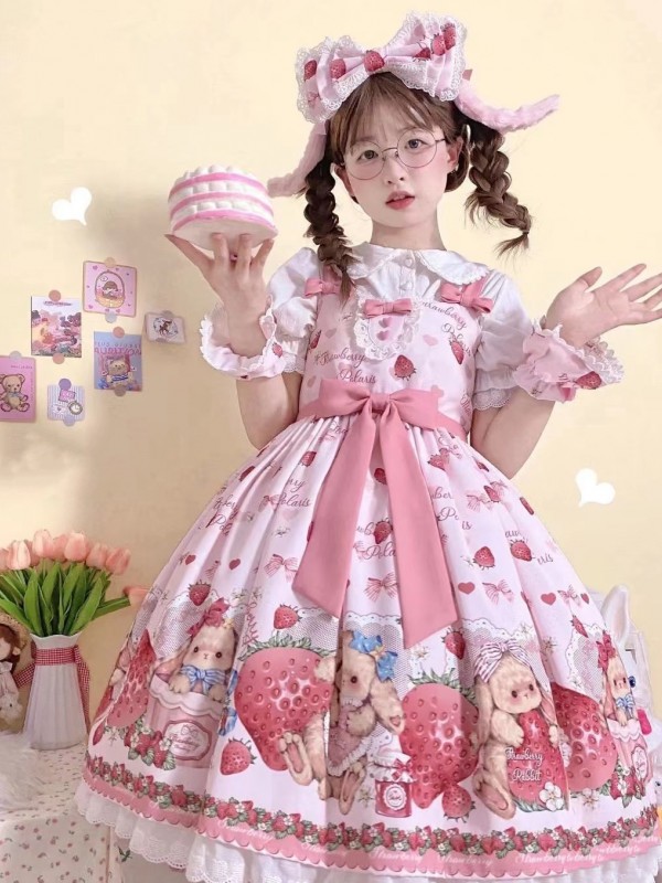 Lolita Pink Sweet Cute Strawberry Print JSK Suspender Dress Lolita Pink Sweet Cute Strawberry Print JSK Suspender Dress