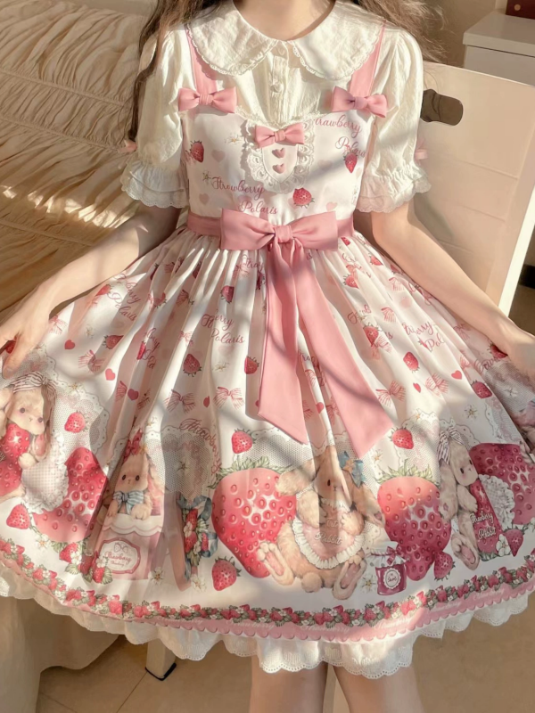Lolita Pink Sweet Cute Strawberry Print JSK Suspender Dress Lolita Pink Sweet Cute Strawberry Print JSK Suspender Dress