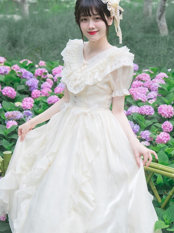 Apricot Sweet V-neck Ruffle Dress Lolita Dress Apricot Sweet V-neck Ruffle Dress Lolita Dress