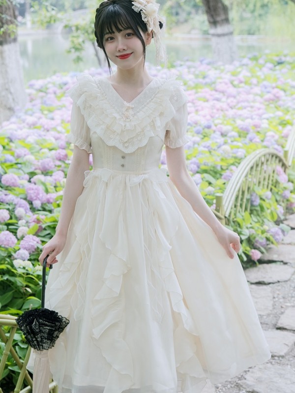 Apricot Sweet V-neck Ruffle Dress Lolita Dress Apricot Sweet V-neck Ruffle Dress Lolita Dress
