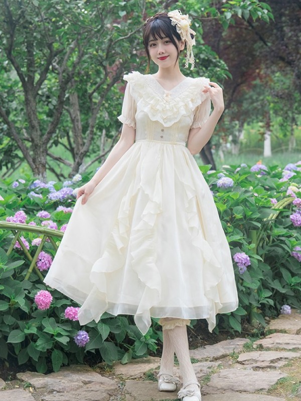Apricot Sweet V-neck Ruffle Dress Lolita Dress Apricot Sweet V-neck Ruffle Dress Lolita Dress