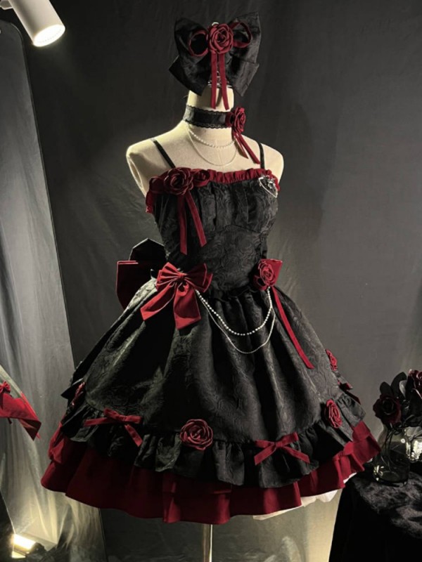 Red and Black Gothic Lolita Dress JSK Sweet and Cool Puffy Princess Dress Red and Black Gothic Lolita Dress JSK Sweet and Cool Puffy Princess Dress