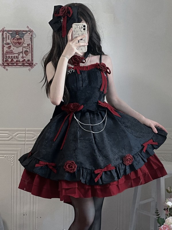 Red and Black Gothic Lolita Dress JSK Sweet and Cool Puffy Princess Dress Red and Black Gothic Lolita Dress JSK Sweet and Cool Puffy Princess Dress