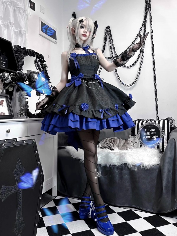 Blue and Black Gothic Lolita Dress JSK Sweet and Cool Puffy Princess Dress Blue and Black Gothic Lolita Dress JSK Sweet and Cool Puffy Princess Dress