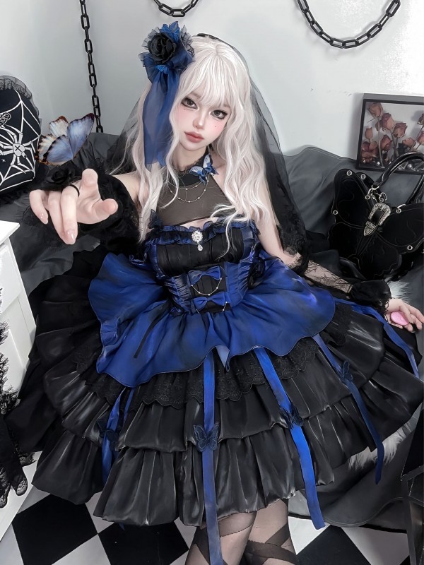 Black and Blue Lolita Princess Style Halter Neck Suspender Short Skirt Tutu Skirt Black and Blue Lolita Princess Style Halter Neck Suspender Short Skirt Tutu Skirt