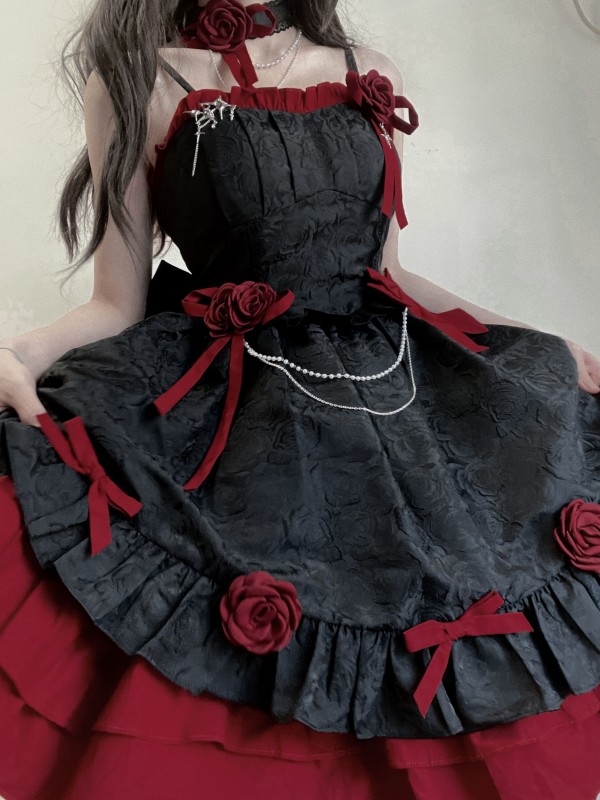 Red and Black Gothic Lolita Dress JSK Sweet and Cool Puffy Princess Dress Red and Black Gothic Lolita Dress JSK Sweet and Cool Puffy Princess Dress