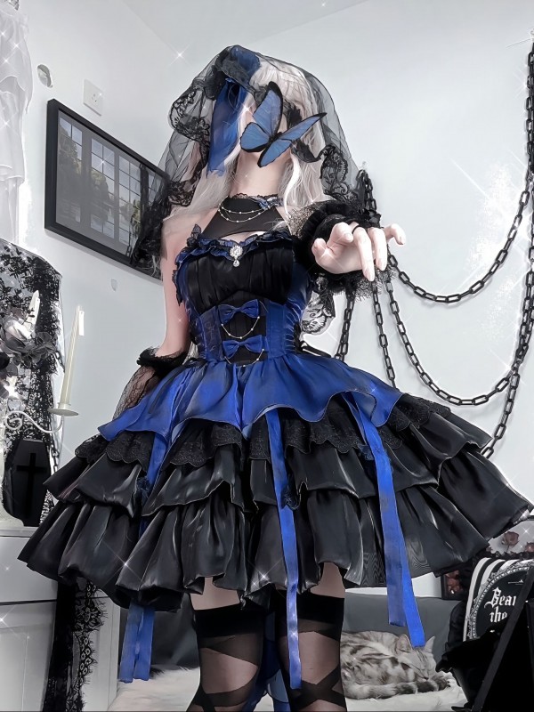 Black and Blue Lolita Princess Style Halter Neck Suspender Short Skirt Tutu Skirt Black and Blue Lolita Princess Style Halter Neck Suspender Short Skirt Tutu Skirt