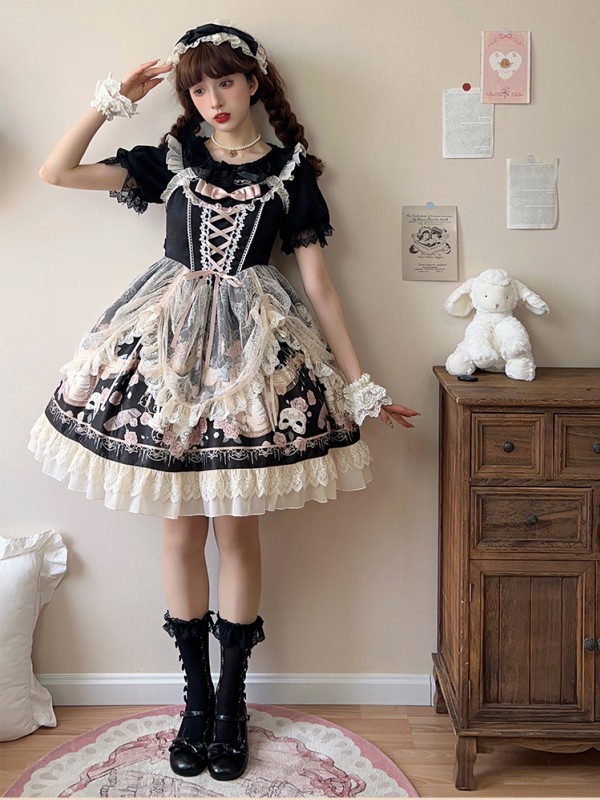 Black Elegant Retro Lolita Dress JSK Pink Lace Lolita Suspender Dress Black Elegant Retro Lolita Dress JSK Pink Lace Lolita Suspender Dress