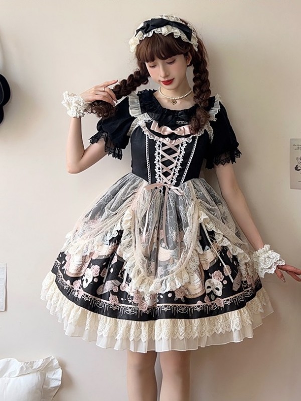 Black Elegant Retro Lolita Dress JSK Pink Lace Lolita Suspender Dress Black Elegant Retro Lolita Dress JSK Pink Lace Lolita Suspender Dress
