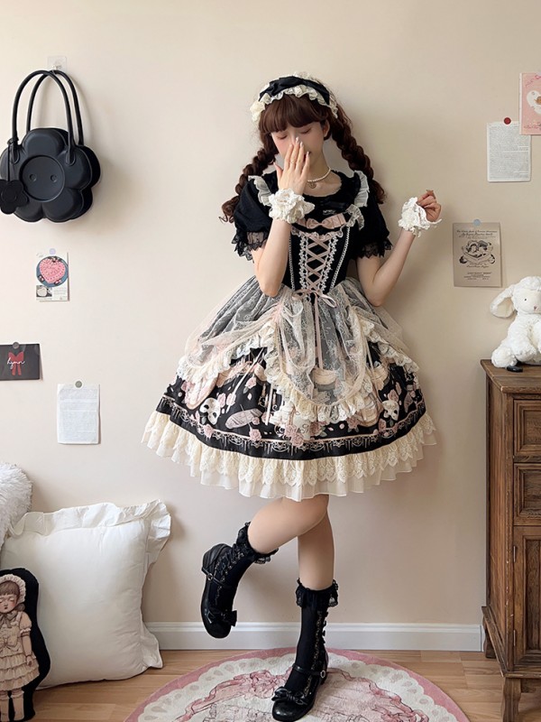 Black Elegant Retro Lolita Dress JSK Pink Lace Lolita Suspender Dress Black Elegant Retro Lolita Dress JSK Pink Lace Lolita Suspender Dress