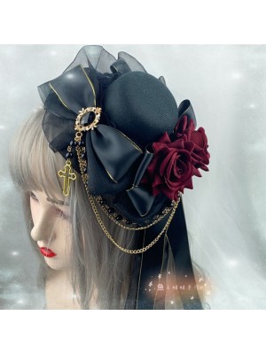 Lolita Dark Red Rose Gothic Cross Small Hat Headdress