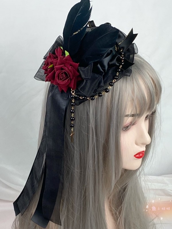 Gothic Lolita Party Hat with Red Rose Clip Gothic Lolita Party Hat with Red Rose Clip