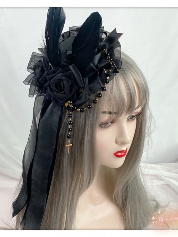 Gothic Lolita Party Hat with Red Rose Clip Gothic Lolita Party Hat with Red Rose Clip