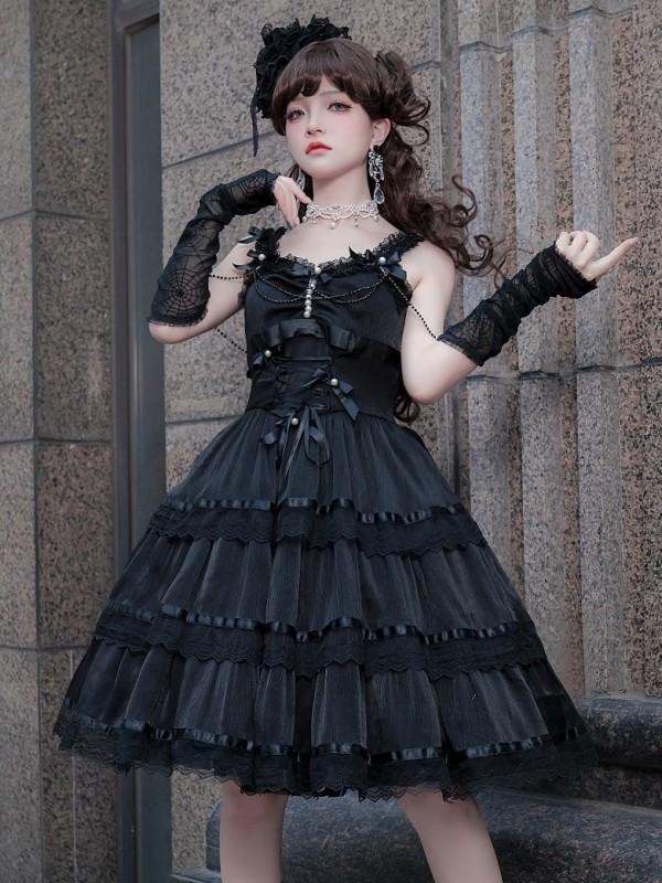Black Fairy-like Elegant and Cute Girly Light Bride Lolita Suspenders Dress Black Fairy-like Elegant and Cute Girly Light Bride Lolita Suspenders Dress