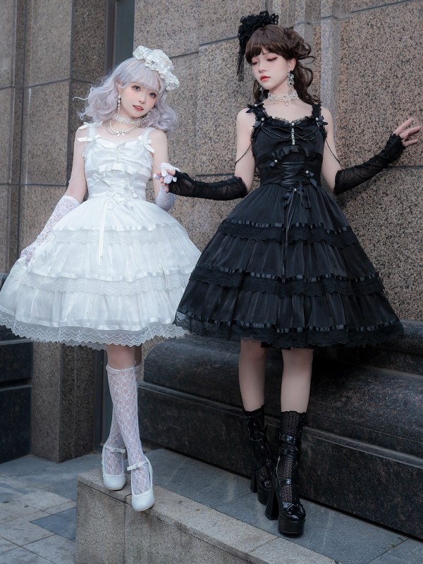 Black Fairy-like Elegant and Cute Girly Light Bride Lolita Suspenders Dress Black Fairy-like Elegant and Cute Girly Light Bride Lolita Suspenders Dress