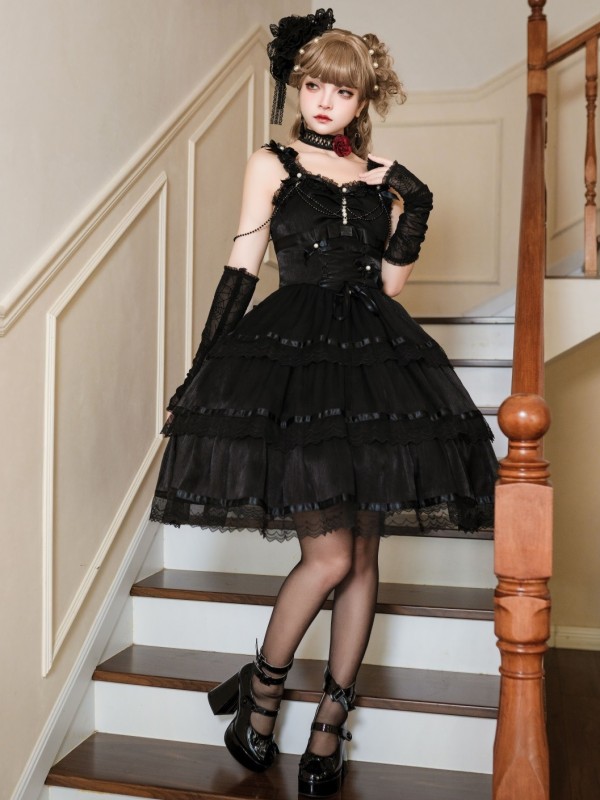 Black Fairy-like Elegant and Cute Girly Light Bride Lolita Suspenders Dress Black Fairy-like Elegant and Cute Girly Light Bride Lolita Suspenders Dress