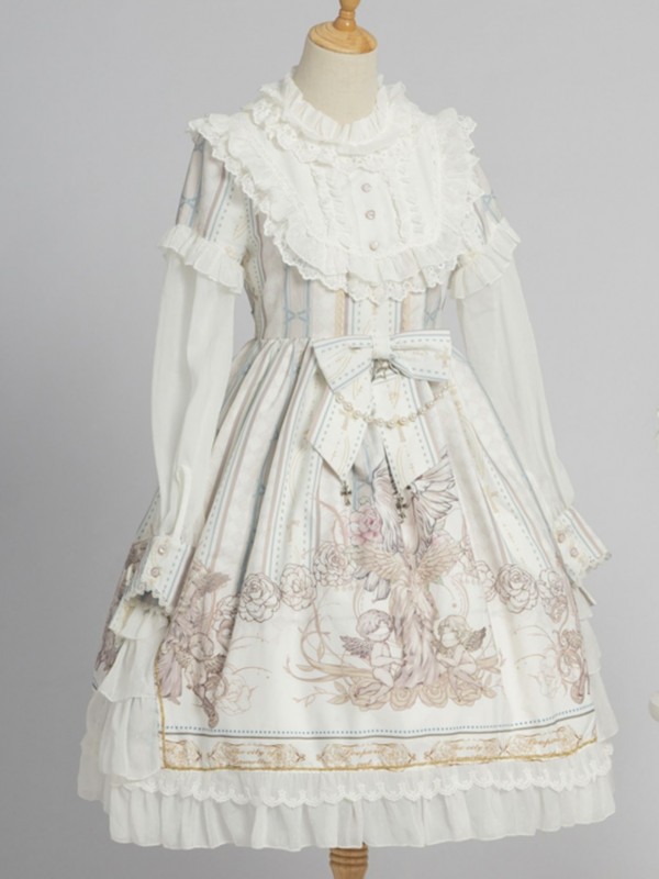 White Sweet Retro Lolita OP Long-sleeved Print Elegant Dress White Sweet Retro Lolita OP Long-sleeved Print Elegant Dress