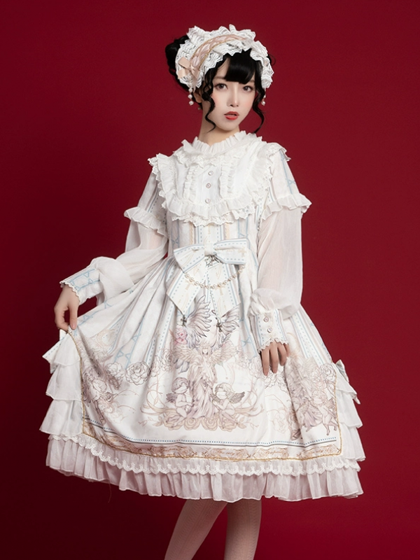 White Sweet Retro Lolita OP Long-sleeved Print Elegant Dress White Sweet Retro Lolita OP Long-sleeved Print Elegant Dress