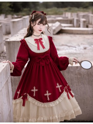Wine Red Gothic Starry Night Cross Embroidery Dress Dark Lolita Dress