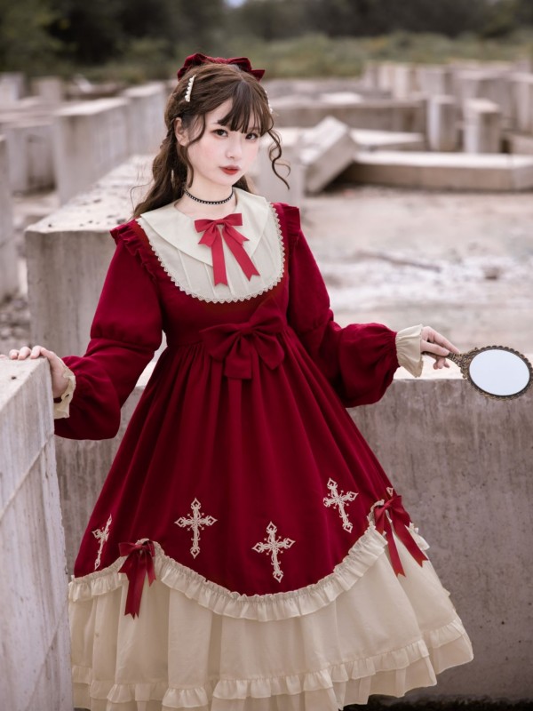 Wine Red Gothic Starry Night Cross Embroidery Dress Dark Lolita Dress Wine Red Gothic Starry Night Cross Embroidery Dress Dark Lolita Dress