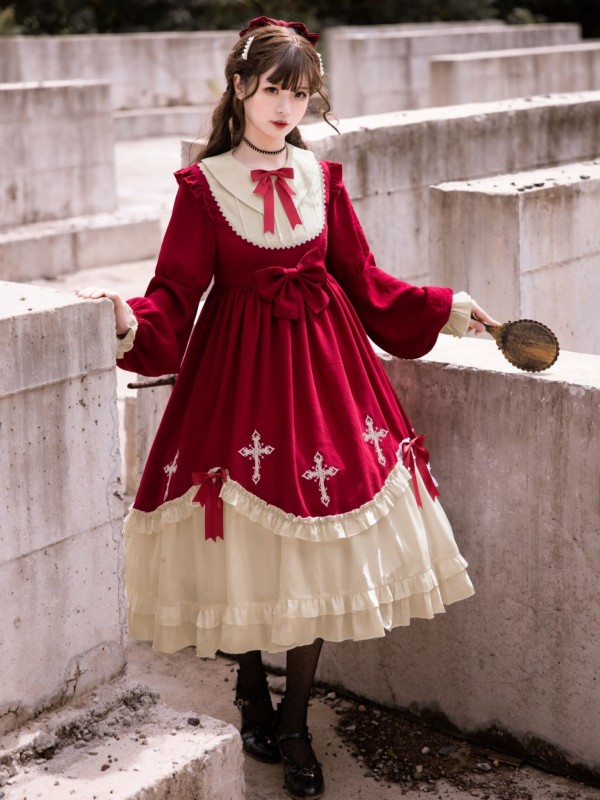 Wine Red Gothic Starry Night Cross Embroidery Dress Dark Lolita Dress Wine Red Gothic Starry Night Cross Embroidery Dress Dark Lolita Dress