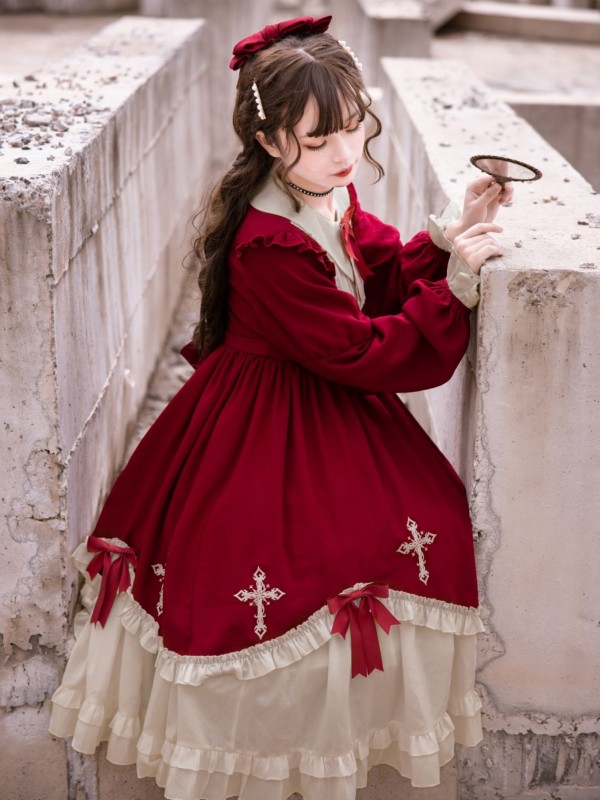 Wine Red Gothic Starry Night Cross Embroidery Dress Dark Lolita Dress Wine Red Gothic Starry Night Cross Embroidery Dress Dark Lolita Dress