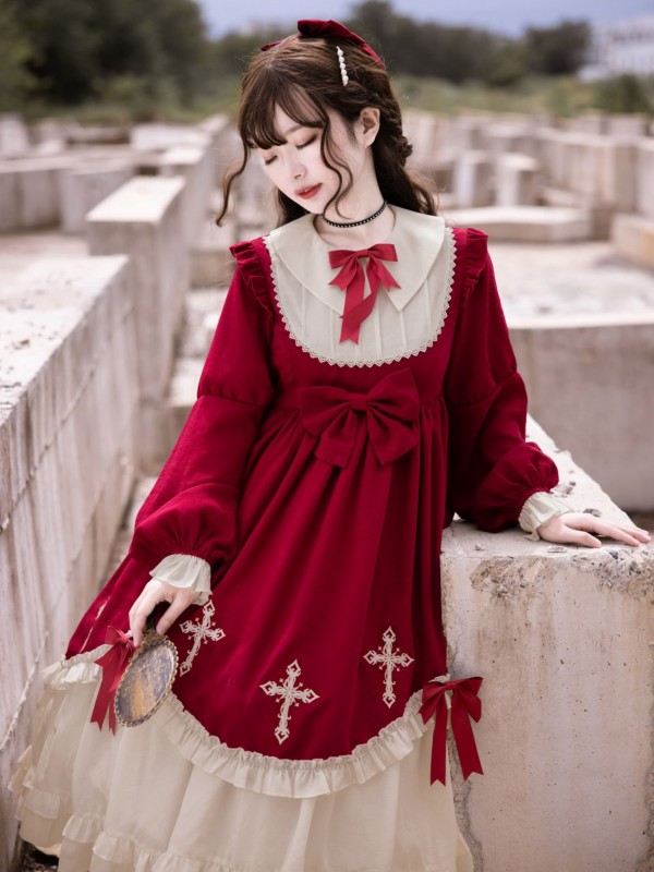 Wine Red Gothic Starry Night Cross Embroidery Dress Dark Lolita Dress Wine Red Gothic Starry Night Cross Embroidery Dress Dark Lolita Dress
