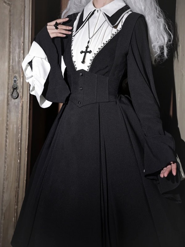 Halloween Dark Cross Nun Style Lolita Long Sleeve OP Dress Halloween Dark Cross Nun Style Lolita Long Sleeve OP Dress