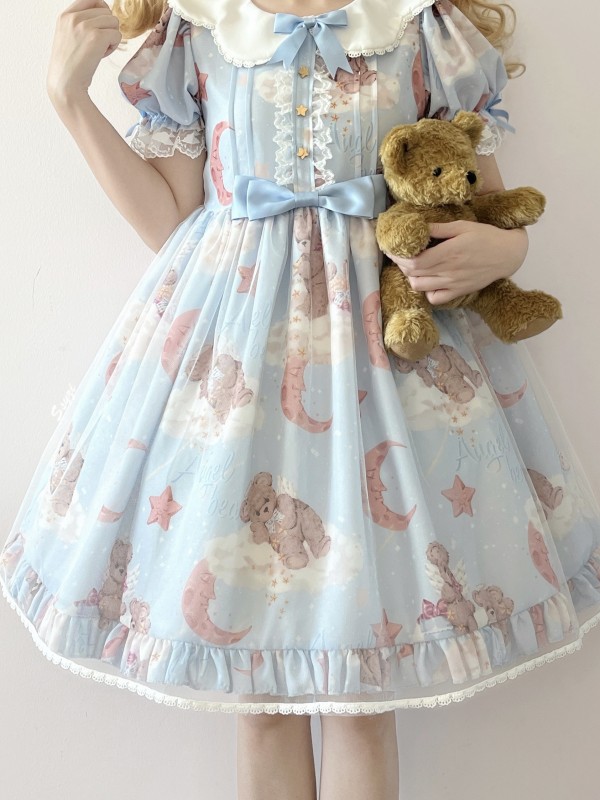 Blue Sweet and cute Star Wishing Bear Lolita Dress OP Blue Sweet and cute Star Wishing Bear Lolita Dress OP
