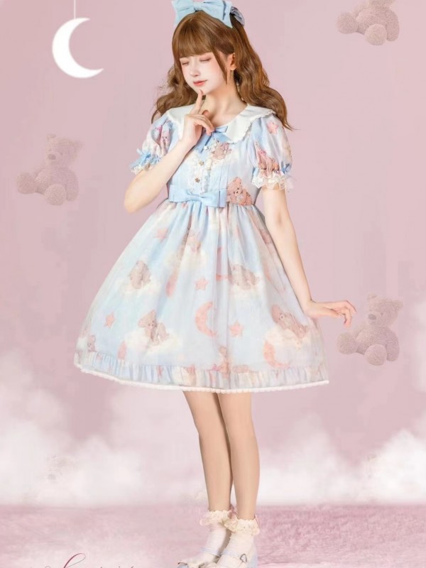 Blue Sweet and cute Star Wishing Bear Lolita Dress OP Blue Sweet and cute Star Wishing Bear Lolita Dress OP