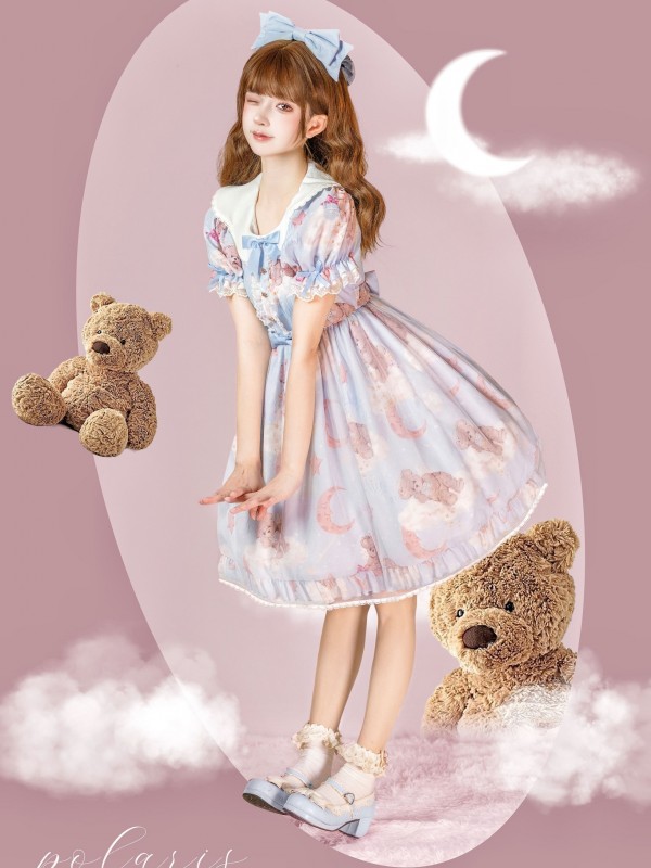 Blue Sweet and cute Star Wishing Bear Lolita Dress OP Blue Sweet and cute Star Wishing Bear Lolita Dress OP
