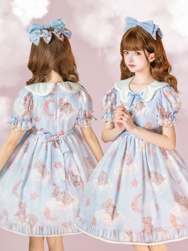 Blue Sweet and cute Star Wishing Bear Lolita Dress OP Blue Sweet and cute Star Wishing Bear Lolita Dress OP